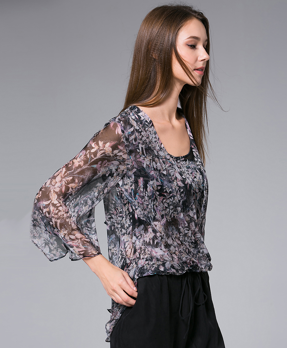 Tops - Flowers Printed silk crinkle top